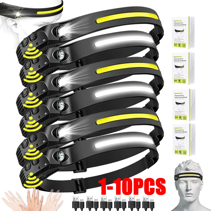 Sensor Headlamp USB Rechargeable LED Flashlight XPE+COB Camping Waterproof Headlight Fishing Headlamp 1/2/3/4/5/8/10PCS