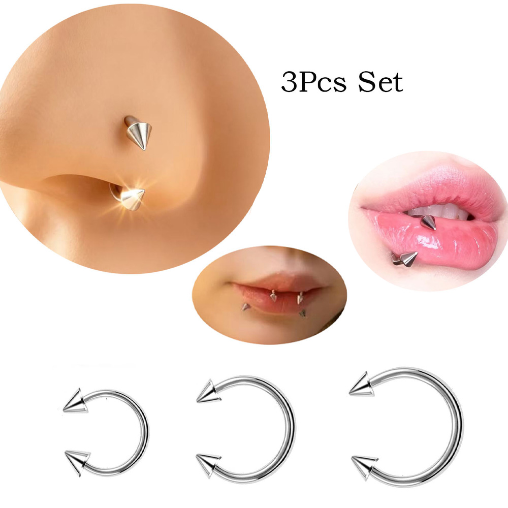 3/1Pcs Stainless Steel Horseshoe Nose Septum Nipple Ring with Spike Cone,14K Gold Plated Silver Unisex Piercing Jewelry for Girl