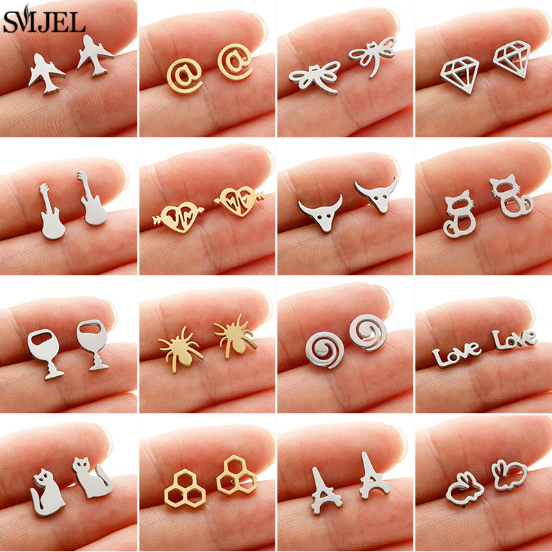 Mini Stainless Steel Earings 2026 Animal Ear Studs Cute Rabbit Airplane Cup Kitty Guitar Stud Earrings Daily Jewelry Pendientes
