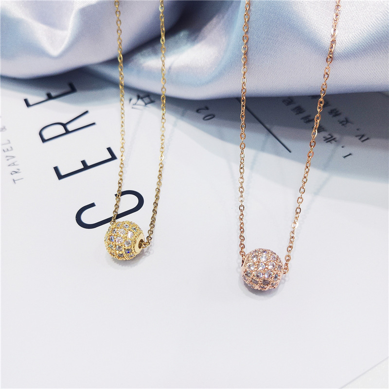 1pc Shiny Full Zircon Lucky Bead Pendant Necklace for Women Temperament Stainless Steel Chokers Jewelry