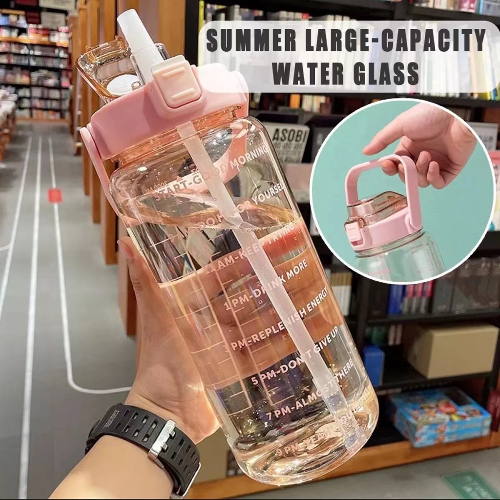 2 Liters Water Bottle With Straw Portable Bottles Fitness Motivation Big Gym Bottle