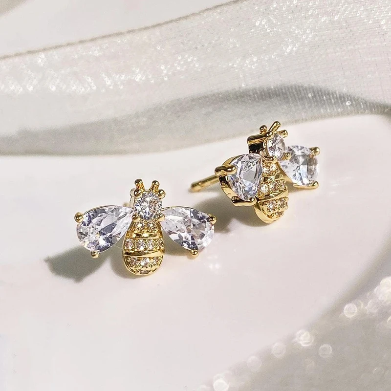 Huitan Cute Gold Color Honey Bee Stud Earrings for Women Dazzling Crystal Cubic Zircon Sweet Animal Earrings Trendy Jewelry