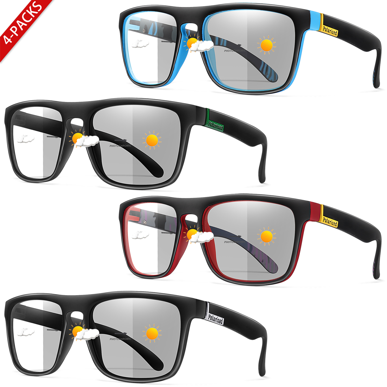 1 & 4 Pairs Men's Photochromic Sunglasses Color Changing Car Driving Dirt Bike Motorcycle Cycling Glasses Fashionable