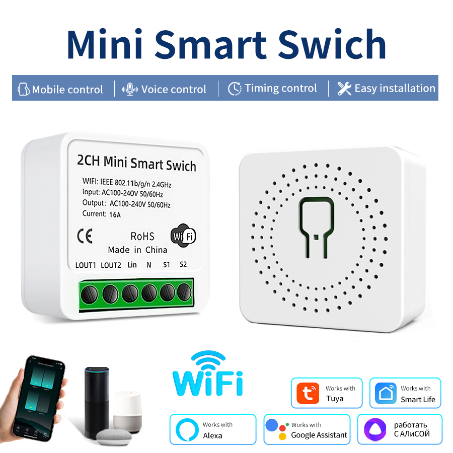 Tuya 16A WiFi Smart Switch Module 2-way Control Mini Switch Breaker Smart Life Work With Alexa Alice