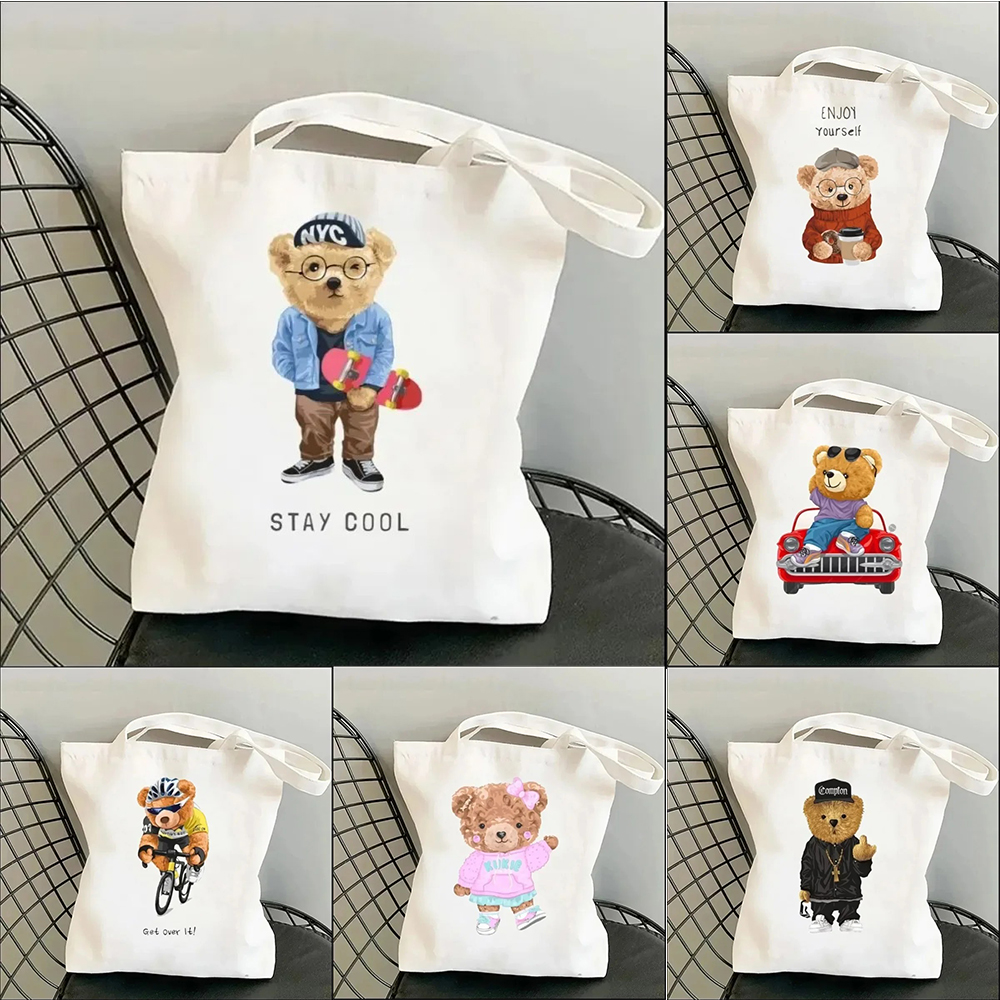Harajuku Cute Bear Art Shoulder Bags Kawaii Fashion Tote Handbag Canvas Girl Environmental Large Capacity Portable Shopping Bag