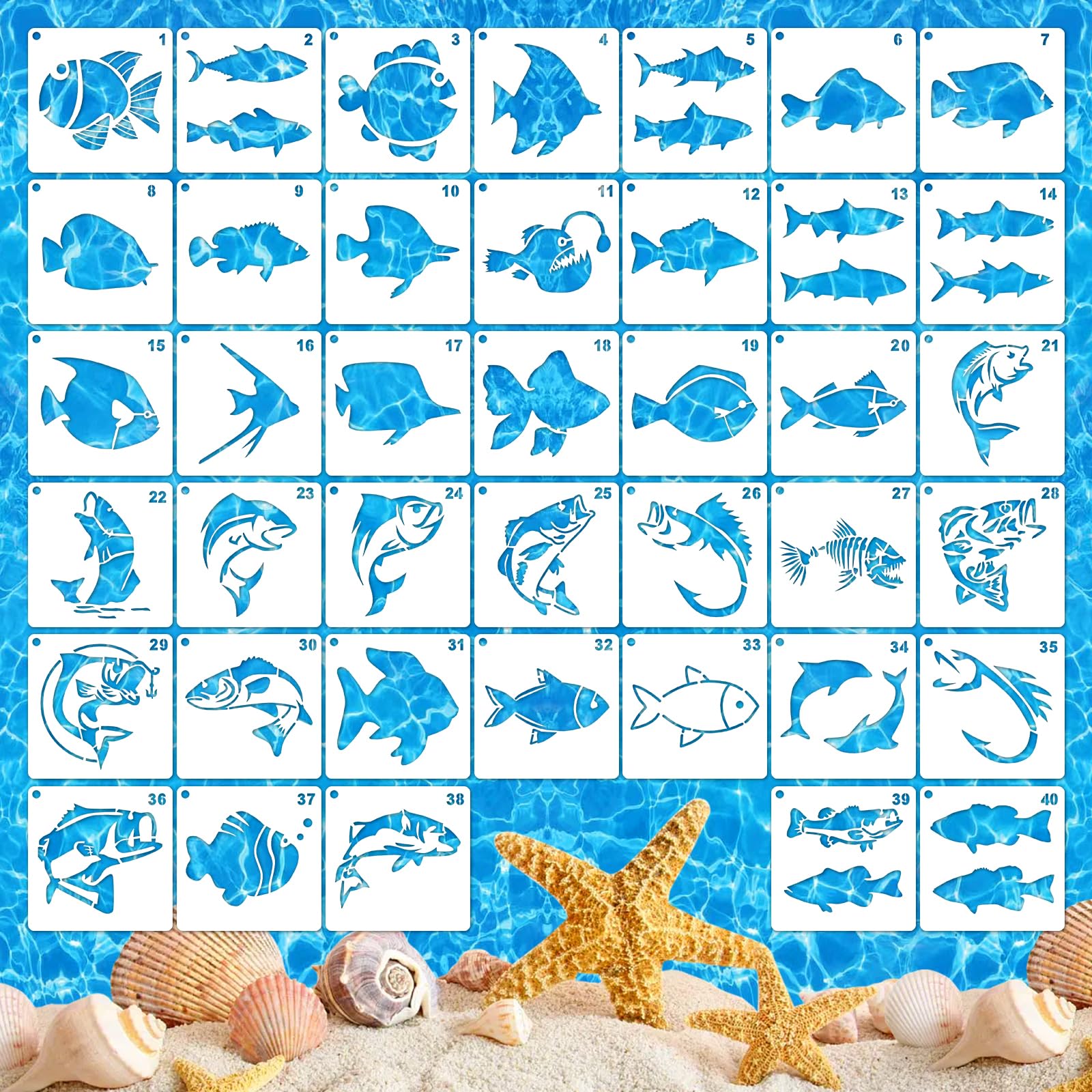 40 Fish Stencils for Painting on Wood, Reusable Ocean-Themed Templates for DIY Crafts, Home Decor, Furniture Design, and Art Projects, Easy to Clean and Durable Crafting Templates