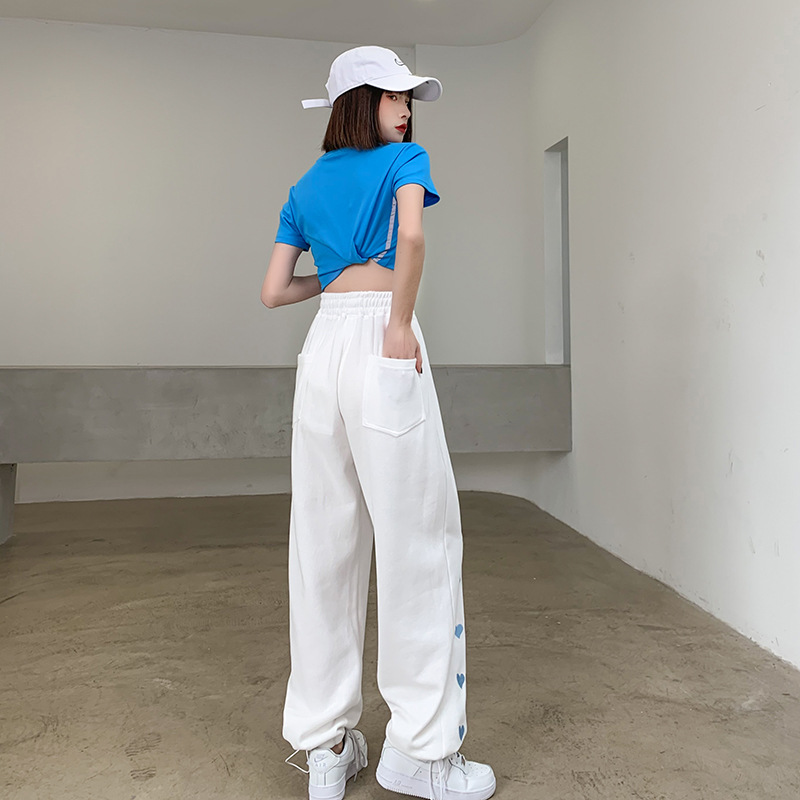 Sweet and Fresh Solid Color Heart-shaped Fashionable New Pants Women High Waisted Loose Fitting Drawstring Jogging Casual Pants