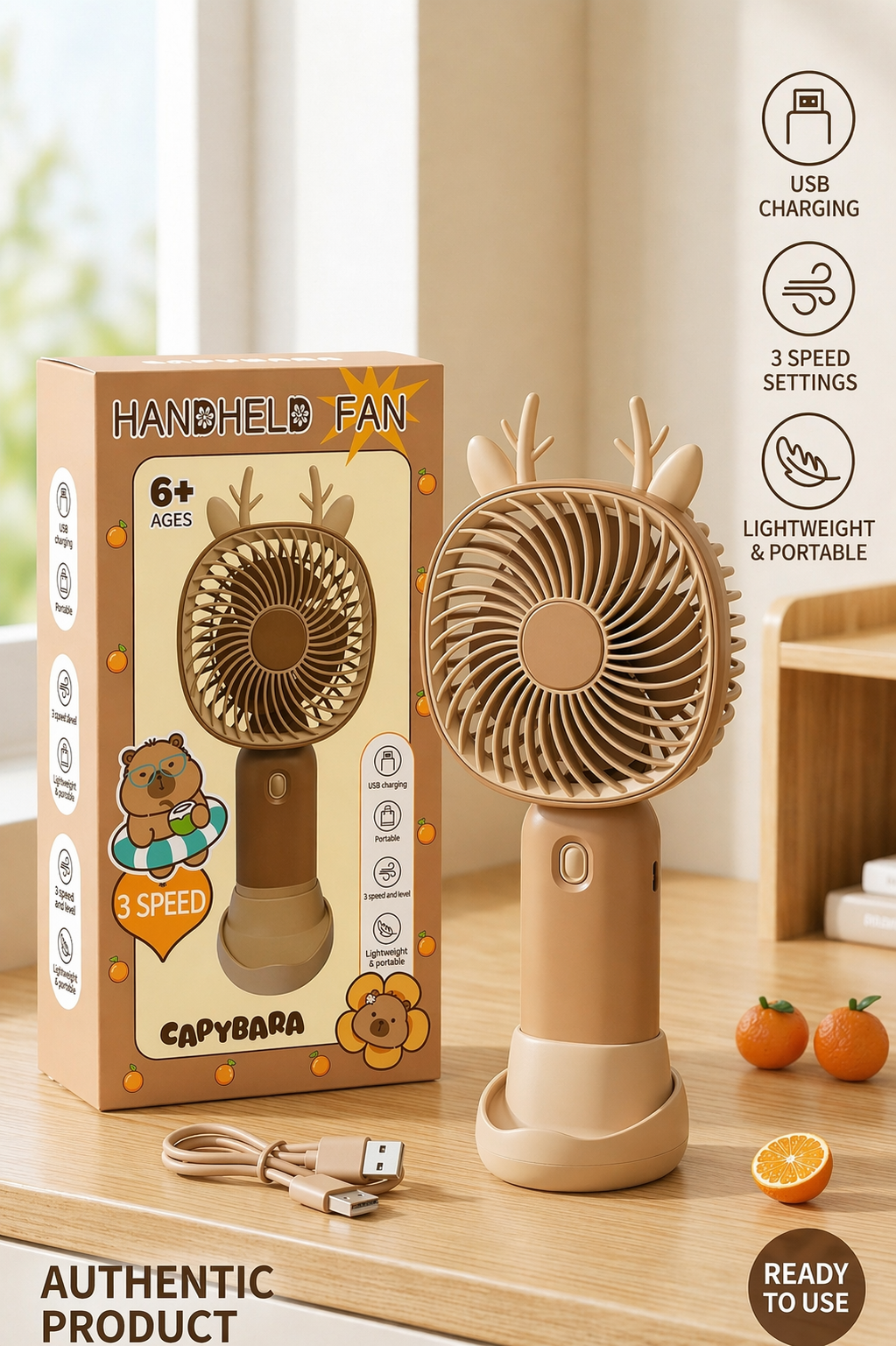 Cute Capybara Mini Fan with USB Charging - 3 Speed Portable Handheld Fan
