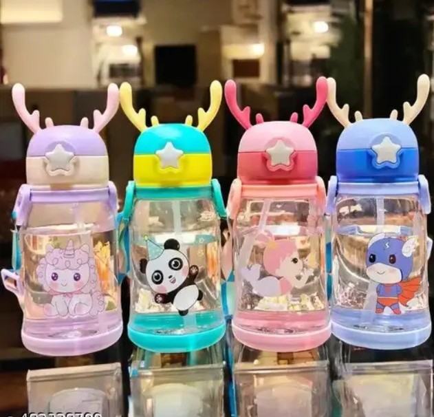 Deer Horn Sipper School Water Bottle For Kids With Straw Multicolor