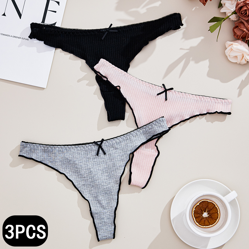 3Pcs Women's Thong Low-rise Panties Solid Color Cotton Lingerie Thongs Fashion Casual Underwear Comfort Fit Women's Tangas