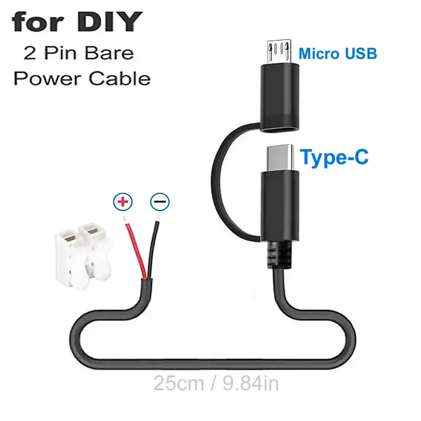 USB C Type C 2 Pin Bare Wire Open End Power Cord, 2 Pin Pigtail to Type-C/Micro USB Male DIY Cable, for Replacement or Repair