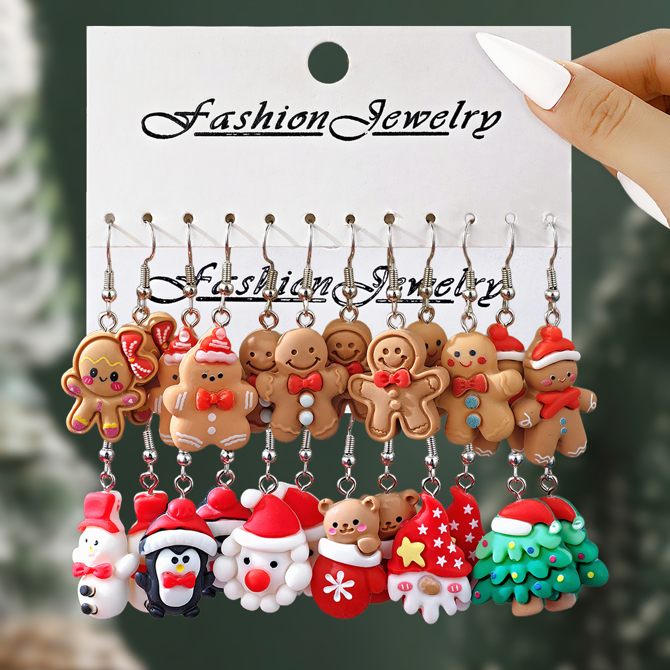 New Cute Cartoon Gingerbread Man Tree Santa Penguin Resin Drop Earrings Set Women's Jewelry
