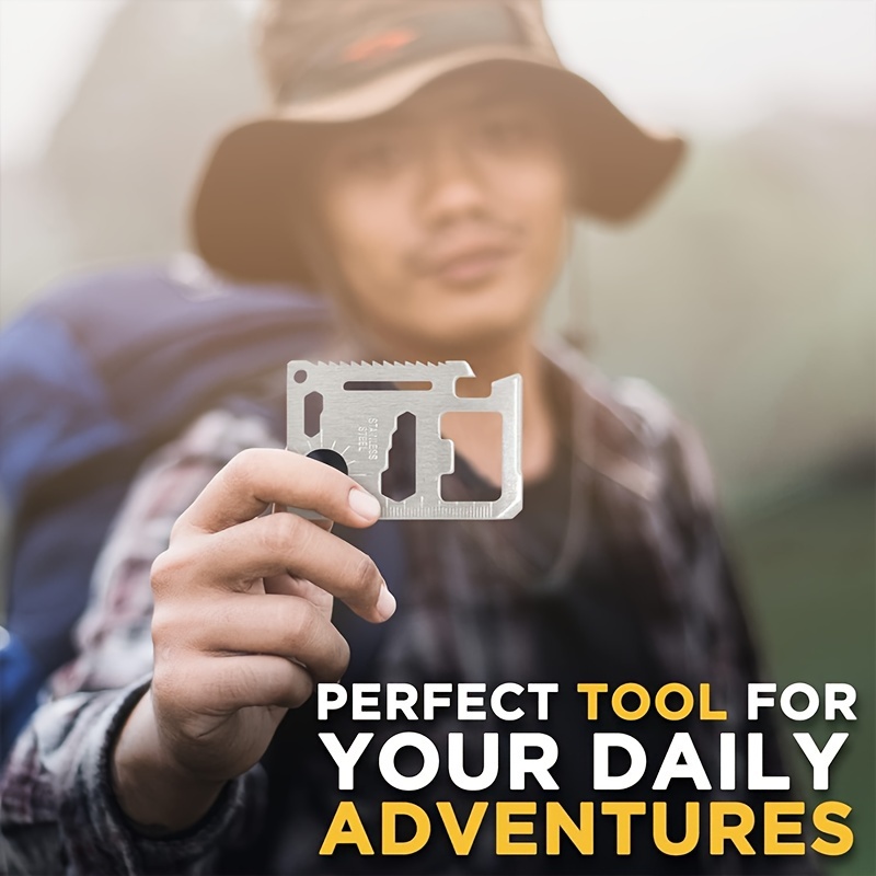 11-in-1 Stainless Steel Pocket Tool - Credit Card Size, with Bottle Opener & Dual Row Serrated Blade, Ideal for Outdoor pen gpt