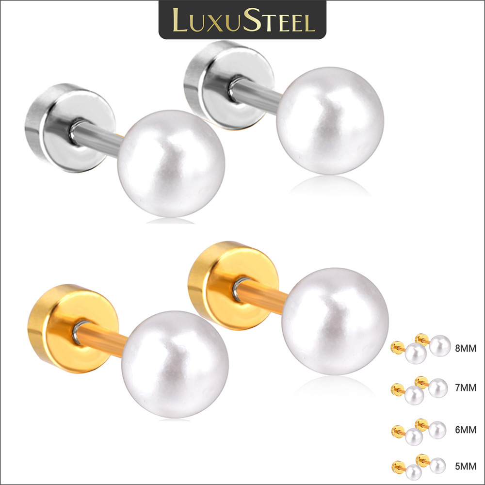 LUXUSTEEL 2Pcs 5/6/7/8MM Stainless Steel Round Pearl Earrings For Women Men High Quality Screw Back Pierced Studs Wholesale