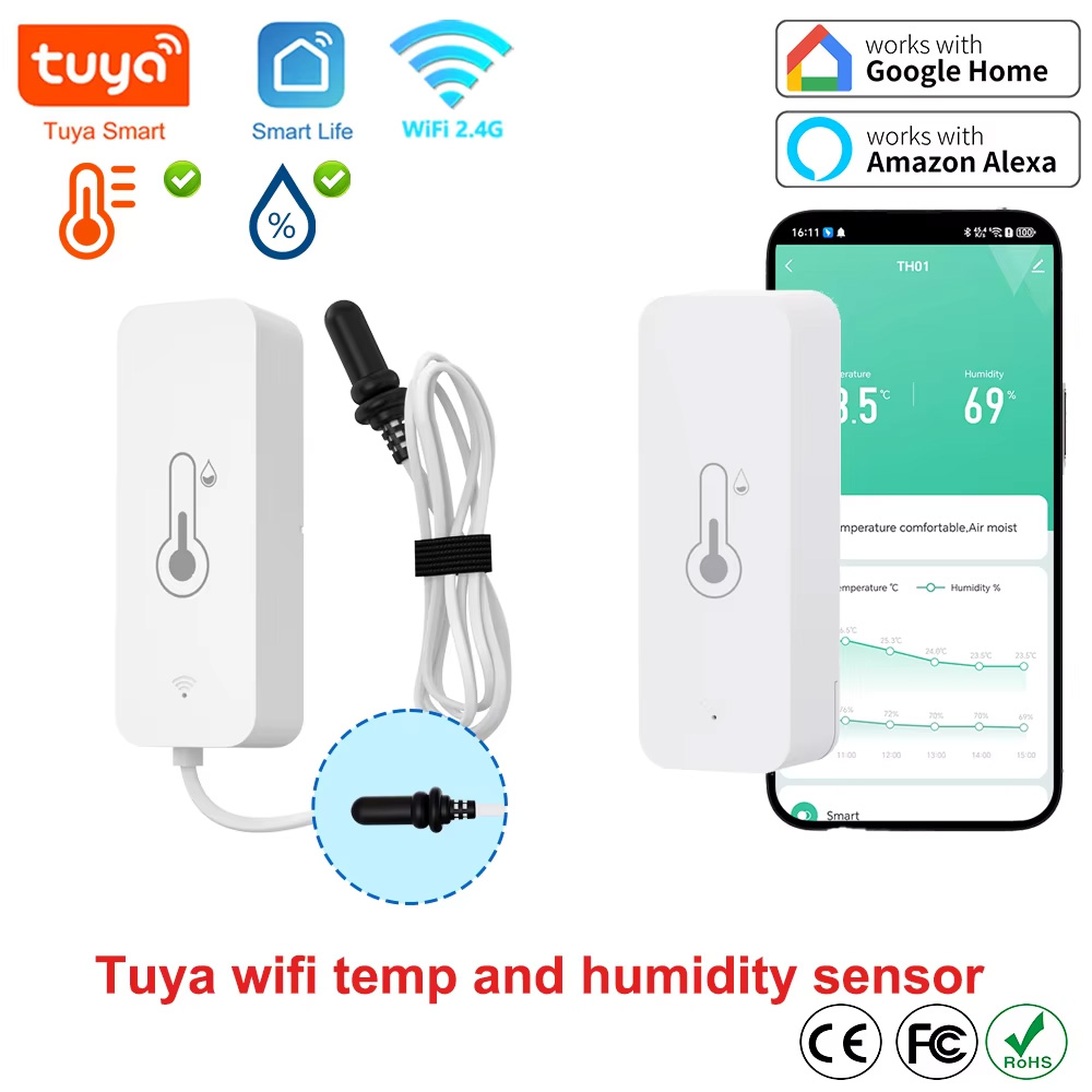 Tuya WiFi Temperature and Humidity Sensor With External Probe Sensor APP Remote Control WorkWith SmartLife Yandex Alexa