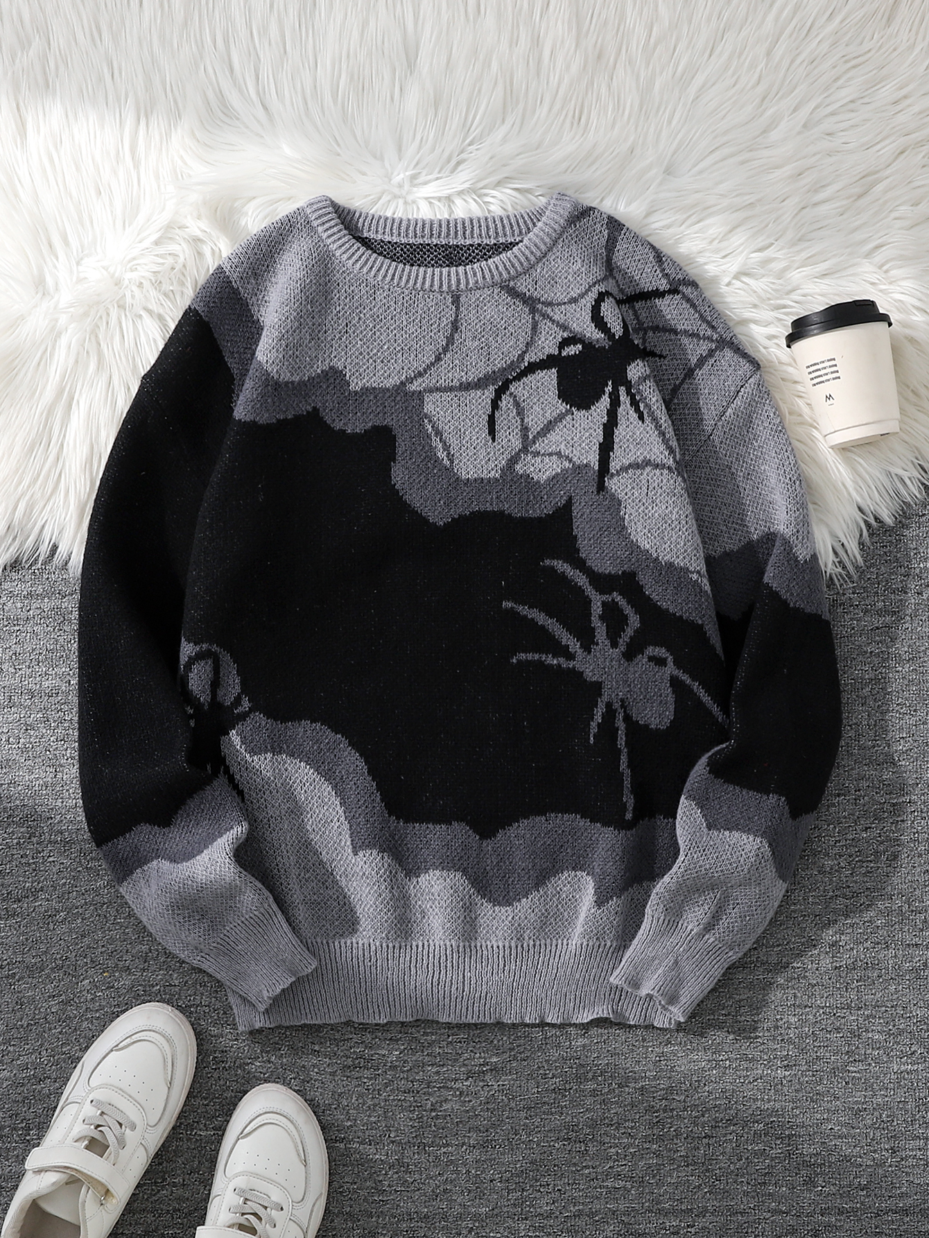 Double-Sided Spider Jacquard Knit Men's Sweater, Designed with Patchwork, Crew Neck, Long Sleeves, Regular Fit, Suitable for Couples, Perfect for Autumn and Winter
