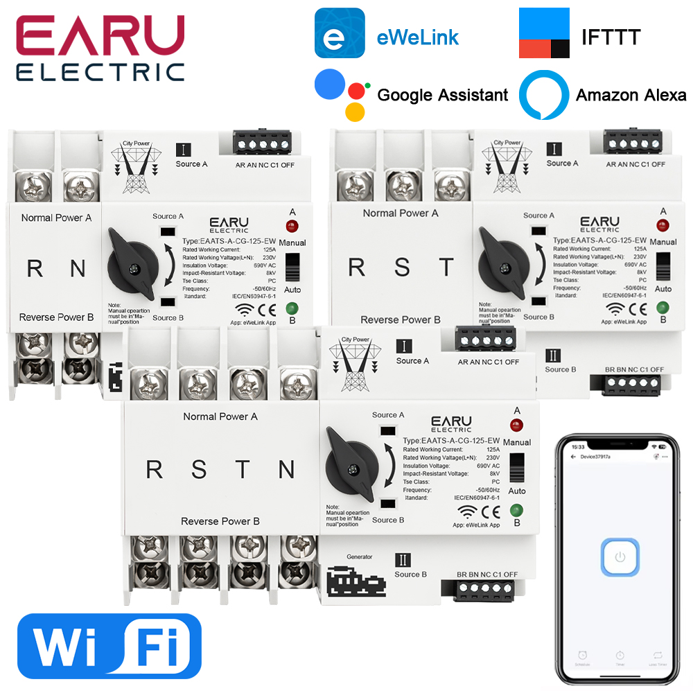 EWeLink WiFi Smart Remote Control 2/3/4P 125A AC 230V ATS Dual Power Automatic Transfer Electrical Selector Switch Uninterrupted