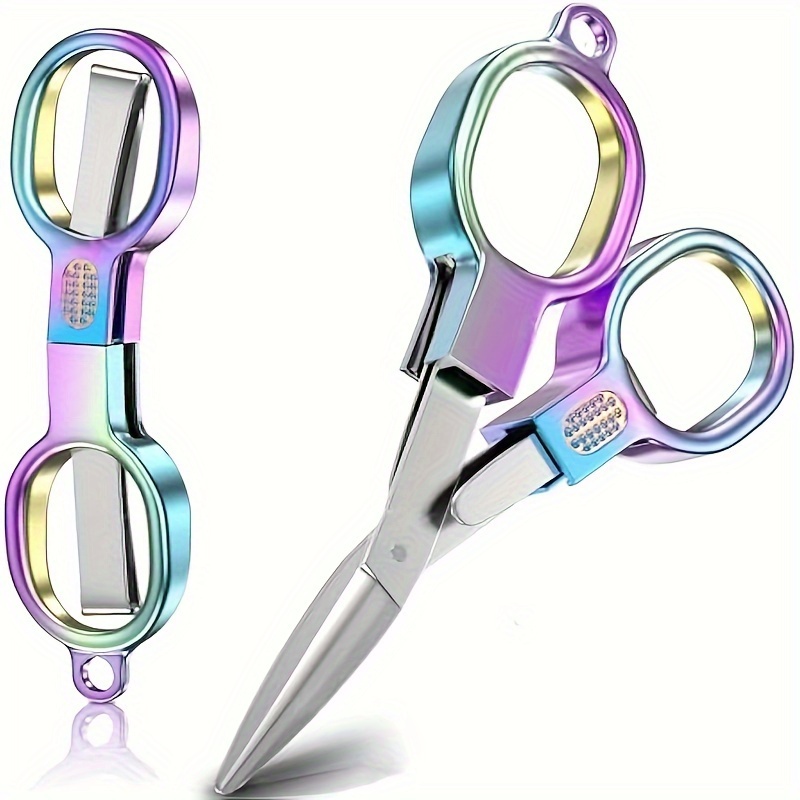 1pc Folding Scissors Rainbow Colored Polishing Blade Ergonomic Design Portable Travel Stainless Steel Fishing Scissors