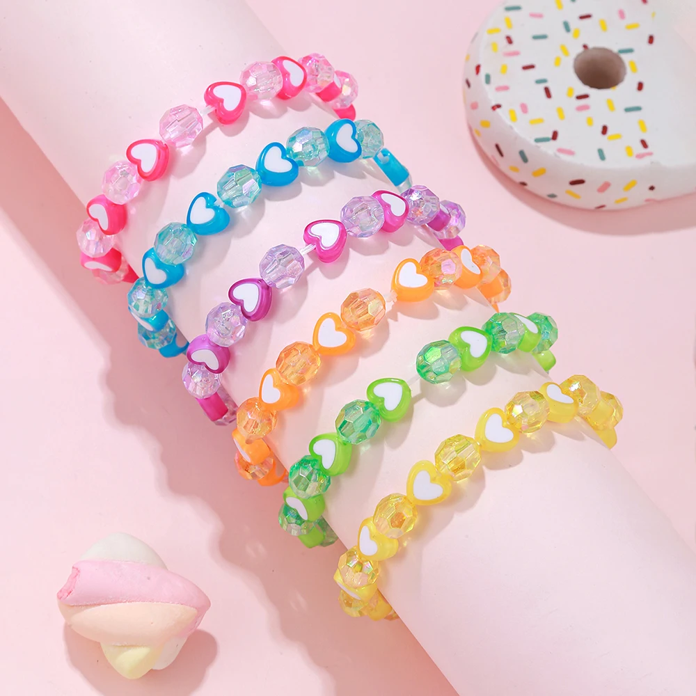 6Pcs/set Handmade Colorful Heart Beads Elastic Bracelet for Girls Cute Macaron Color Bracelets Party Birthday Jewelry