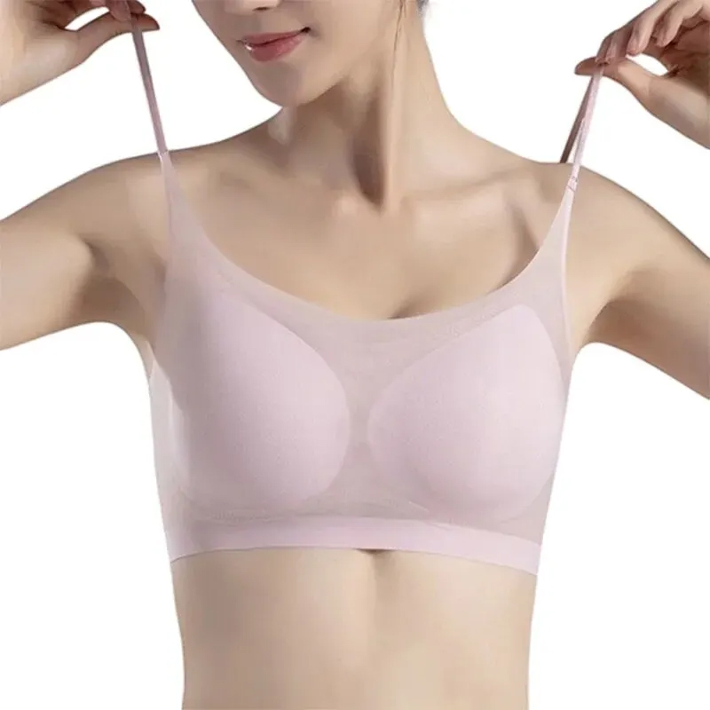 Ultra Thin Ice Silk Seamless Underwear Women Plus Size Top Soft Breathable Wireless Solid Lingerie Gathered Padded Bra