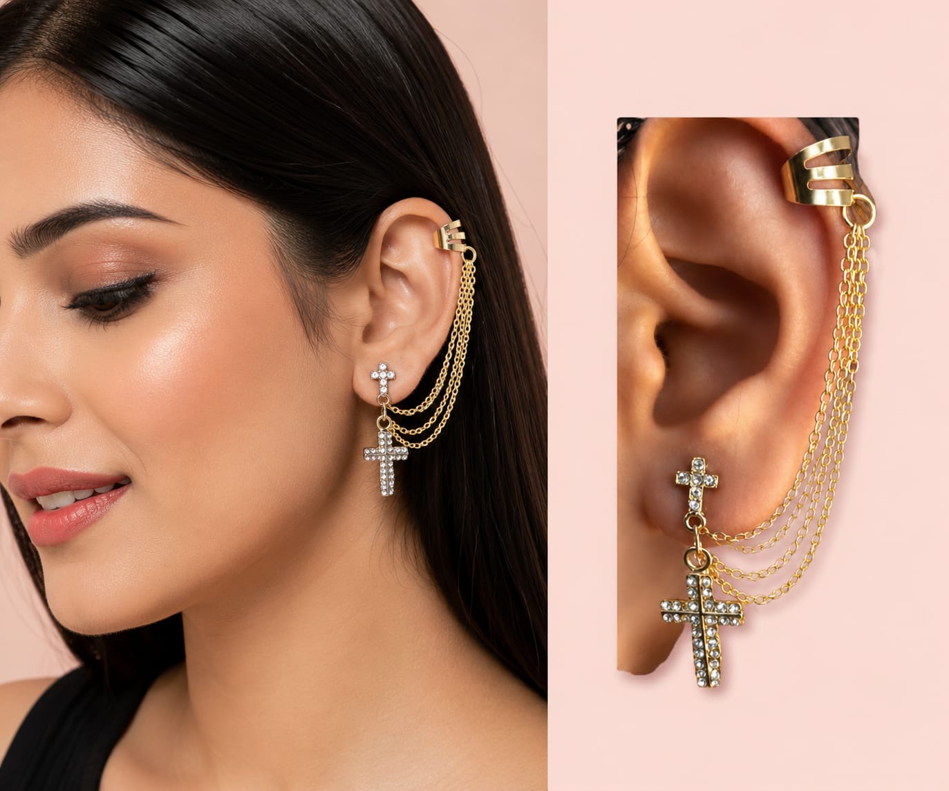 Gold Plated Chains Medley With Cross Charm Ear Cuff Earrings