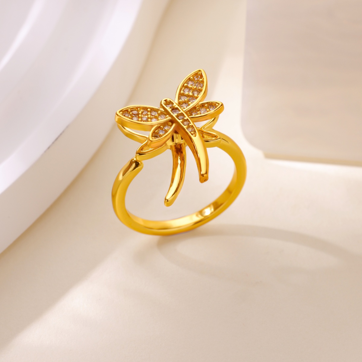 Rotatable Zircon Dragonfly Open Rings for Women Girls Gold Color Stainless Steel Anxiety Fiaget Ring Luxury Jewelry Party