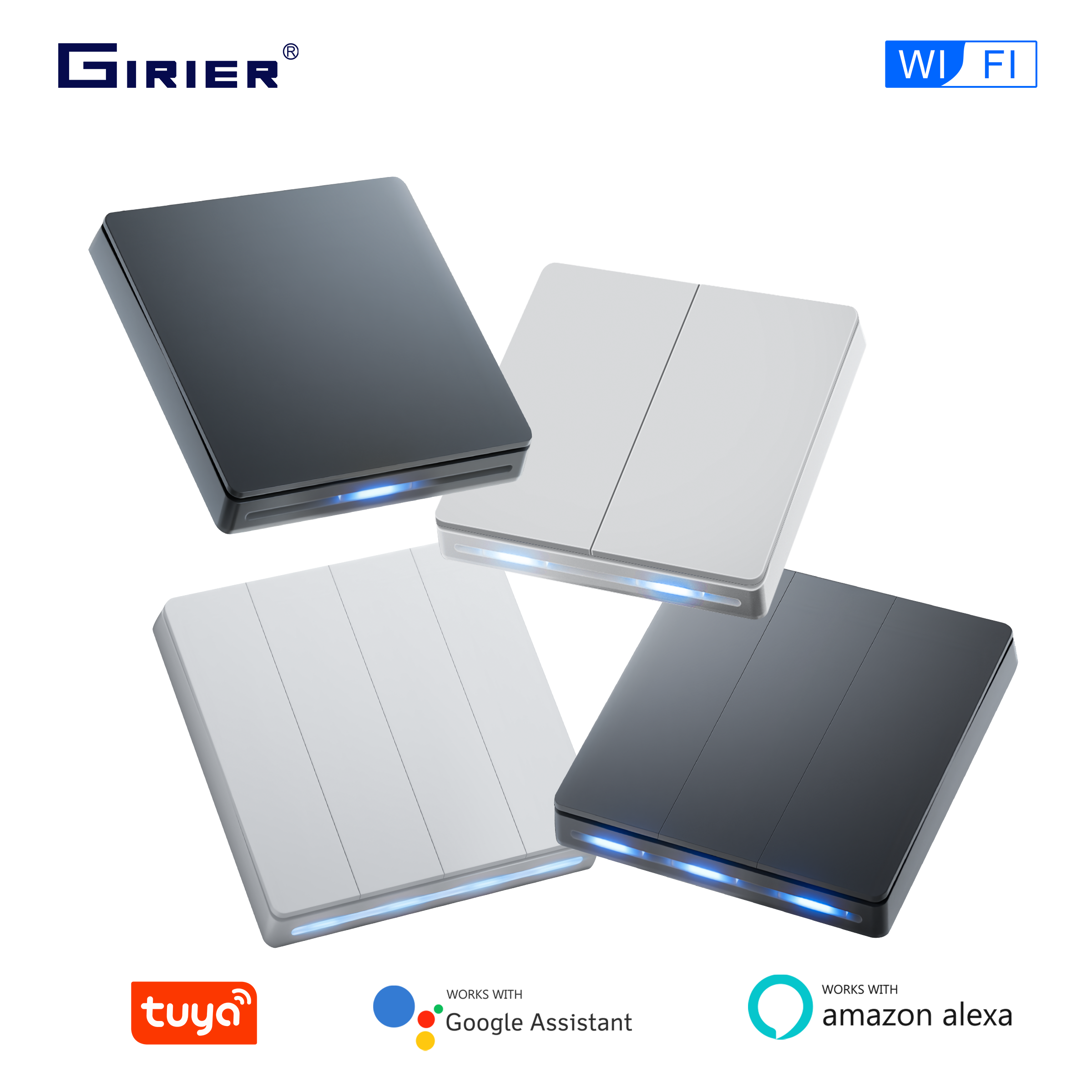 GIRIER ZigBee Wall Switch Tuya Smart Button Light Switches 1/2/3/4 Gang Support Neutral or Without Neutral Wire Works with Alexa