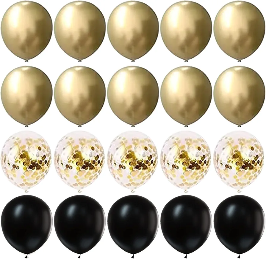 Black Gold Balloon Sets: 10 x gold metallic balloons, 5 x black balloons, 5 x clear balloons with gold confetti. 20 pieces in total. Gold black balloons bouquet to meet your usage scenarios.
Balloon Measurement: Black and gold balloon kit are 12" (30cm) w