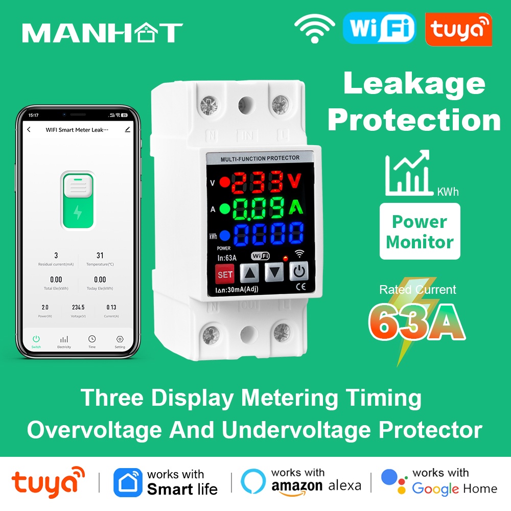 RMshebei Tuya Smart WiFi Circuit Breaker 220V 2P 63A Remote Control Timing Switch Over-Voltage Overload Leakage Protection