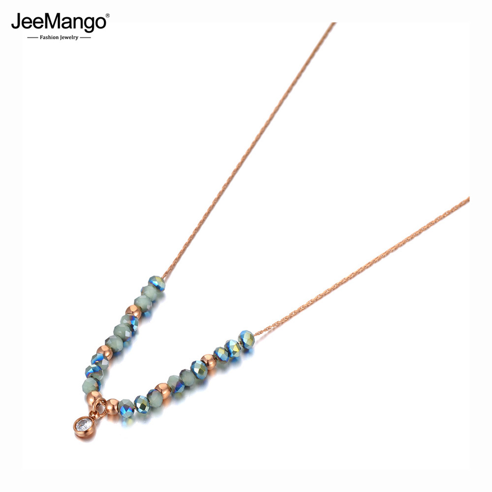 JeeMango Titanium Stainless Steel Colorful Crystal Charm Pendant Necklaces Rose Gold Color Choker Necklace For Women JN20112