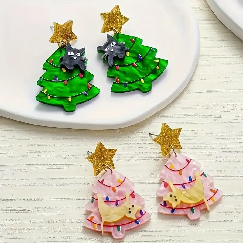 1 Pairs Cute Tree Dangle Earrings, With Star&Cat Design Acrylic Earrings - Simple Style, Perfect For Daily Wear