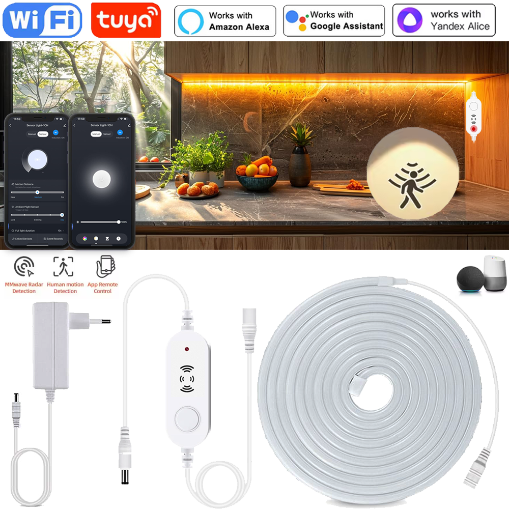 Tuya Wifi PIR Motion Sensor Super Bright LED Strip Neon Light Dimmable Waterproof Neon Lamp Flexible Tape Silicone Bedroom Decor