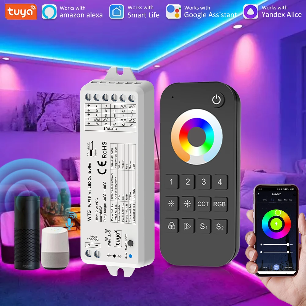 WT5 Tuya Wifi LED Controller 12V 24V 5in1 WW CW Dimmer CCT RGBW RGBCCT Smart Life Controler Work with Alexa Assistant