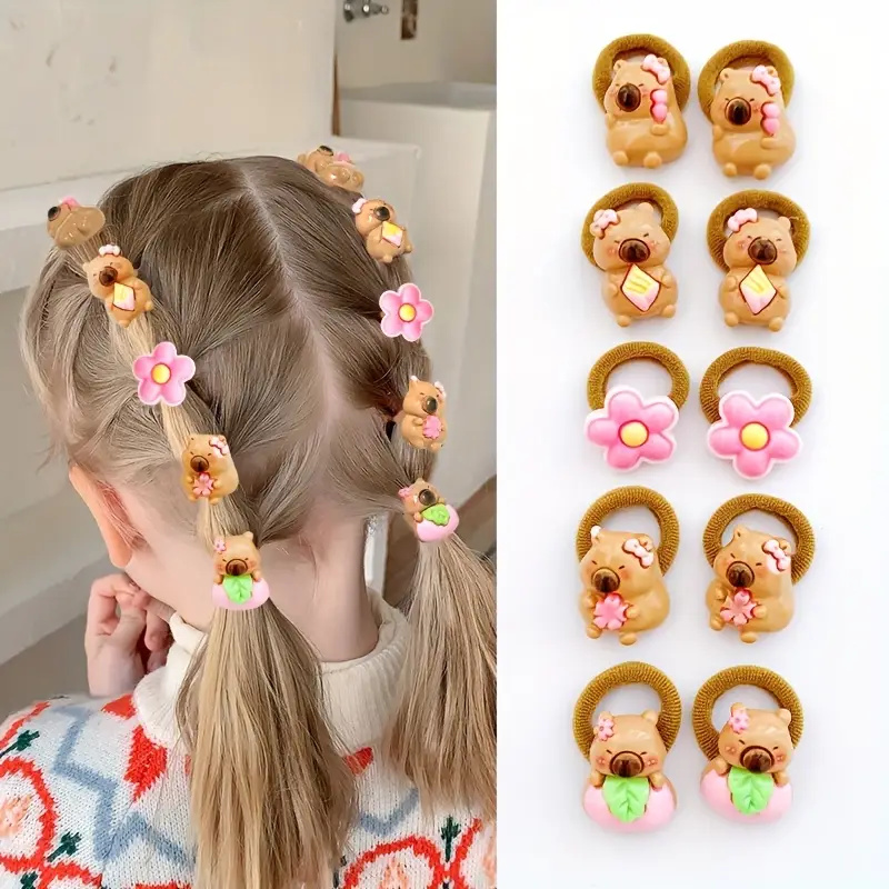 10Pcs Cute Cartoon Capybara Hair Ties for Girls Soft Resin Hair Accessories Mixed Colors for Everyday Wear Playful Animal Design