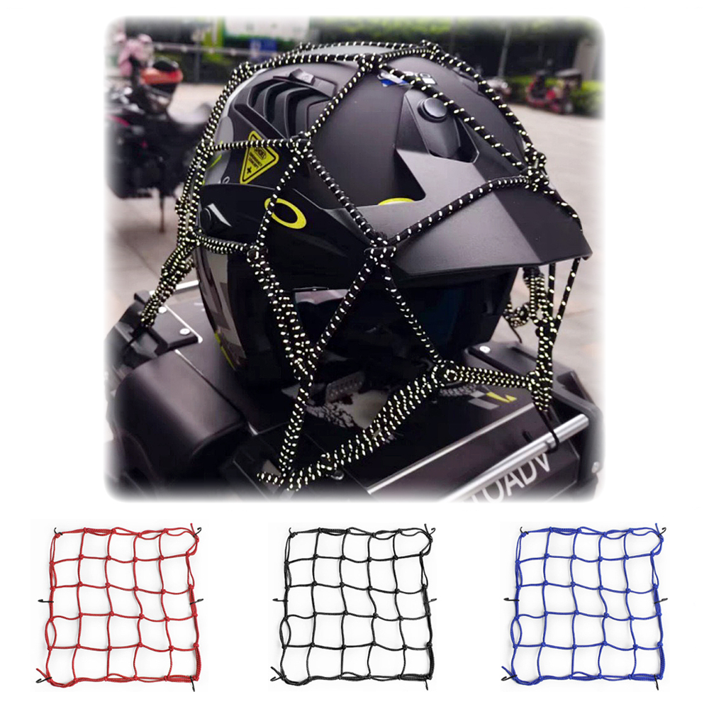 40x40cm Motorcycle Cargo Net Reflective 6 Hooks High Elastic Bungee Luggage Mesh for Helmet Fuel Tank Seat Night Safety Black
