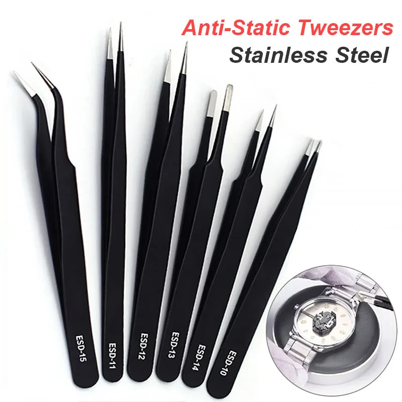 Anti-Static Stainless Steel Tweezers Precision Maintenance Industrial Repair Curved Straight Working Model Making Hand Tool