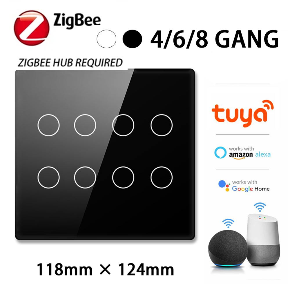 AlexXi Zigbee 4x4 Brazil Touch Sensor Glass Panel Light Switch Tuya Smart Life App 4/6/8 Gang Remote by Alexa Dot Home
