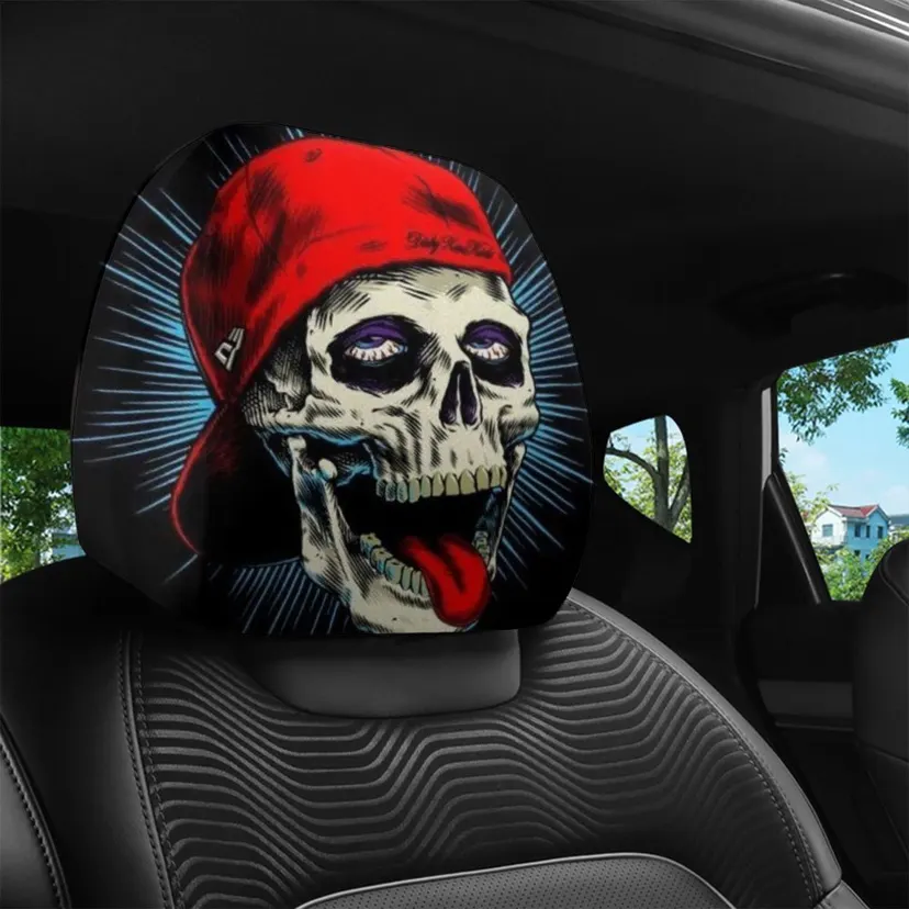 2pcs Hip-Hop Skull Print Car Headrest Covers Universal Fit Car Accessories Interior Protective Sleeves Durability Vehicle Seats