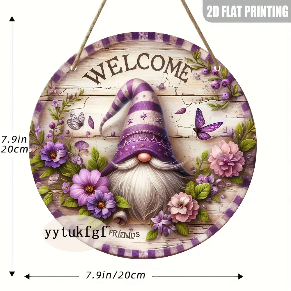 2D Flat, 1pc Gnome Welcome Sign, Elegant Round Wooden 2D Flat Decorative Sign, 20.32x20.32 cm, Classic Style, Artificial Wood Ma