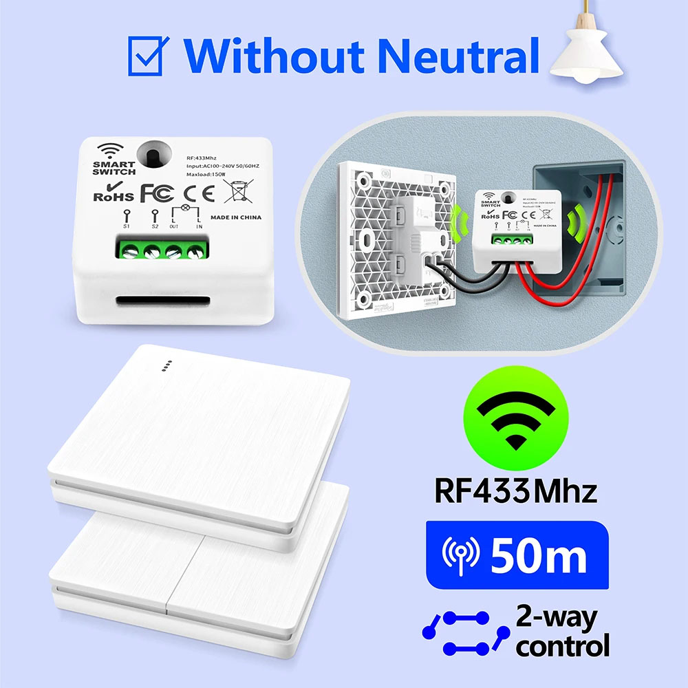AC 220V 110V 433Mhz Relay Receiver Mini Moudle Remote Control RF Wireless Smart Light Switch Without Neutral Lamp Single Live lightify