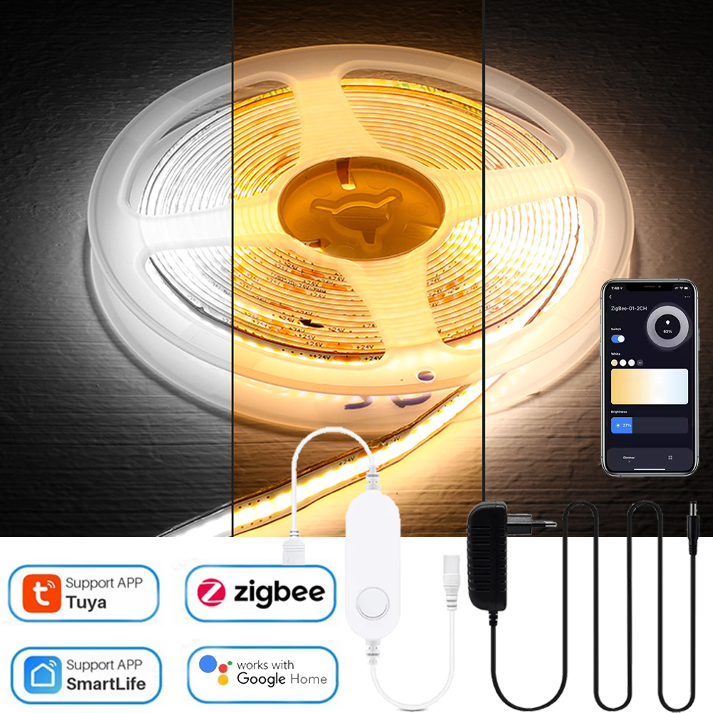 1M-5M Zigbee COB CCT LED Strip Light 24V Double Color Flexible Dimmable Cupboard Wardrobe Decor Lamp for Alexa Assistant