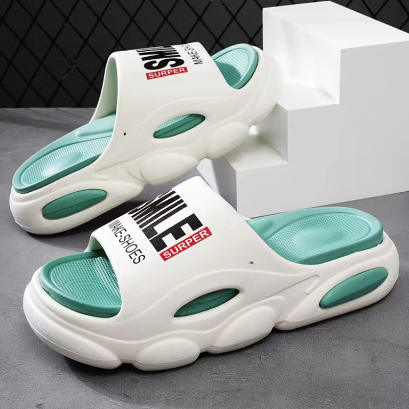 Men Thick Sole Summer Beach Slides Bathroom Anti Slip Slipper Soft Sandals Simplicity Ultra Light Letter Shoes Men Slippers