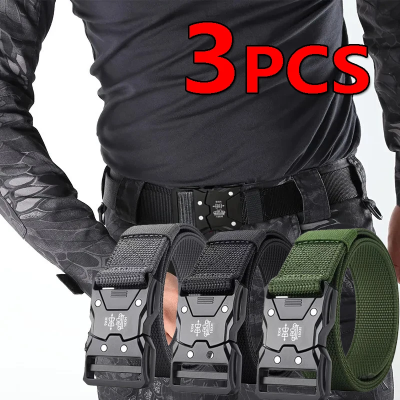 3Pcs Genuine Belt for Men - Black Quick Release Buckle Elastic Nylon Braided Material Durable Outdoor Sports Waist Belt