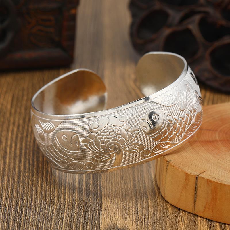 New Bohemian Ethnic Style Retro Silver Wide Bracelet For Women Carved Flower Opening Fashionable Bracelet Boho Vintage Jewelry