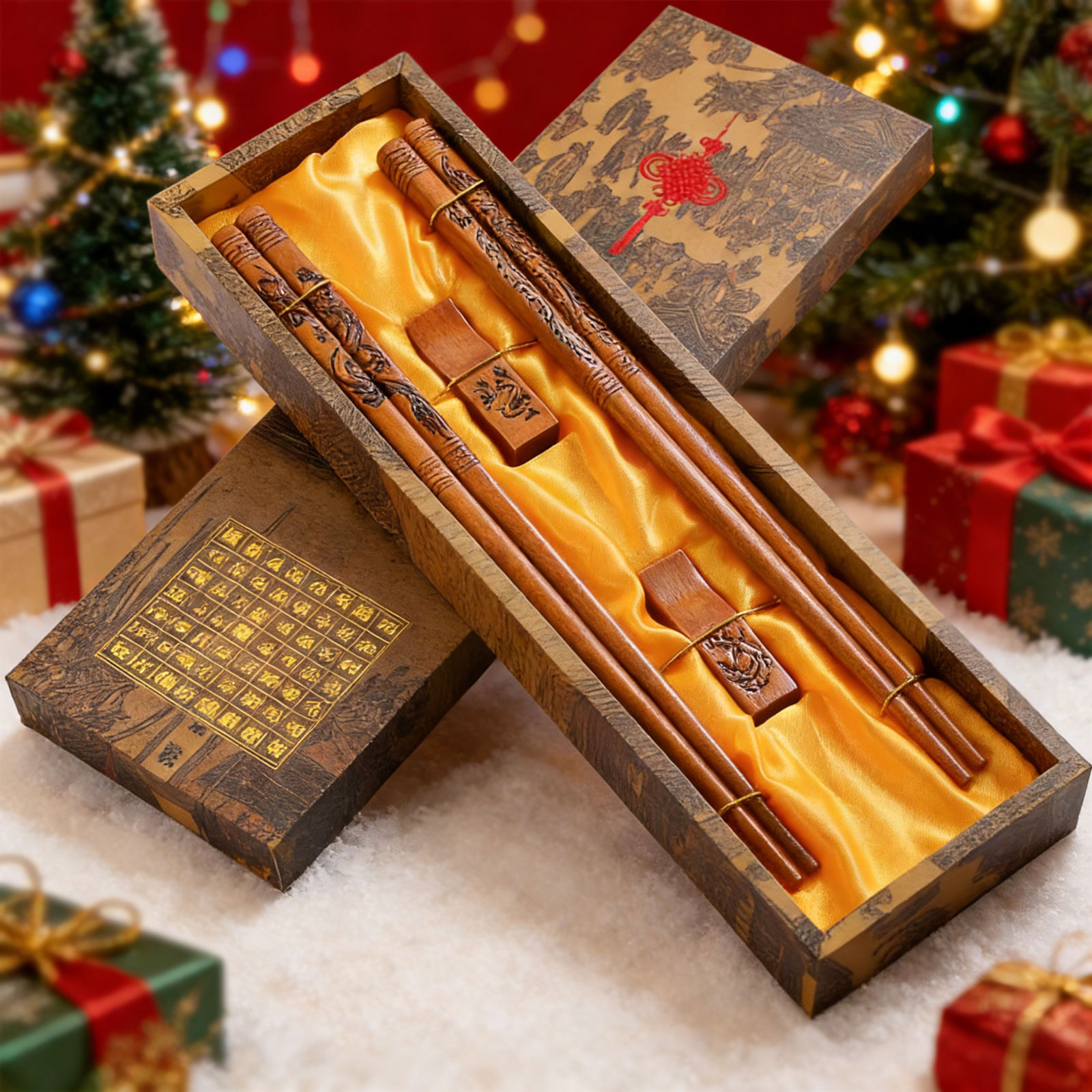 Hand-Carved Dragon & Phoenix Chopsticks Set - 2 Pairs 9" Reusable Wooden Chopsticks with Box & Stand, Elegant Asian Present
