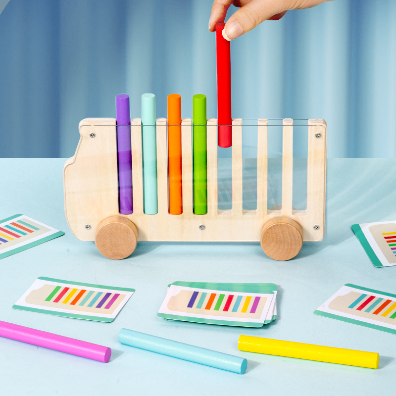 Wooden Color Sorting Game, Bus Shaped Toy For Inserting Multicolored Sticks, Movable Trolley With 20 Cards, Color Cognition Toy
