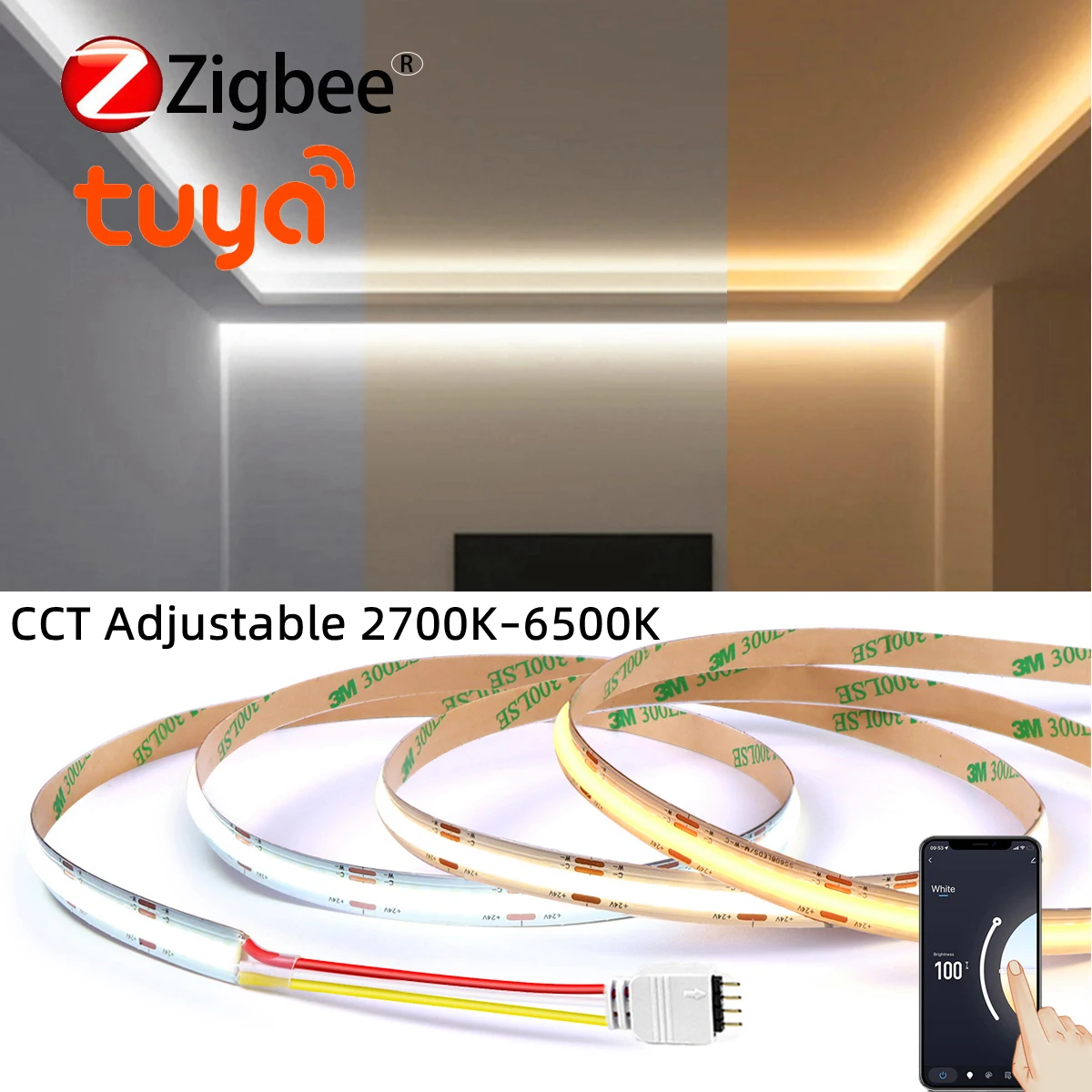 24V Tuya Zigbee COB Strip Light CCT Color Temperature Adjustable 2700K-6500K For Cabinet Wall Decor For Alexa Voice Ctrl