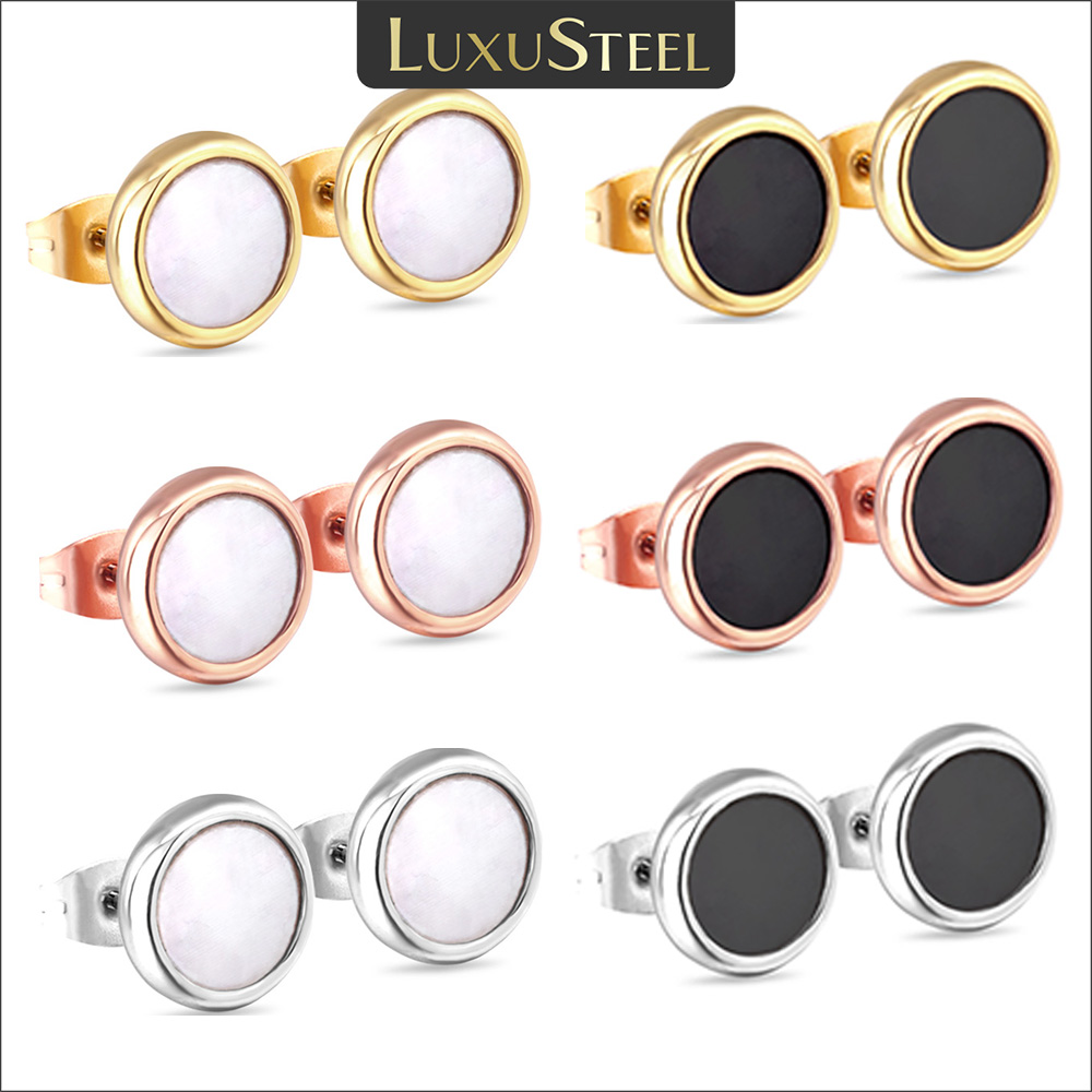 LUXUSTEEL 1 Pairs 8MM Round White Black Shell Stud Earrings For Women Men Rose Gold Silver Color Stainless Steel Ear Jewelry