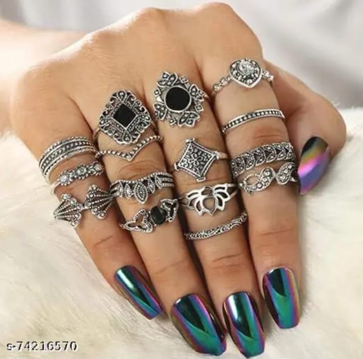 Vembley Silver Plated 15 Piece Multi Designs Ring Set For Party Wear For Girls