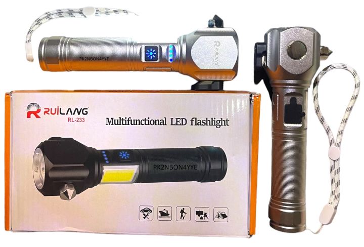 12000 mah Ruilang Multifunctional High Power Telescopic Rechargeable Torch With RGB LED Flashlight Can be used as a Powerbank For Policing Hiking Camping